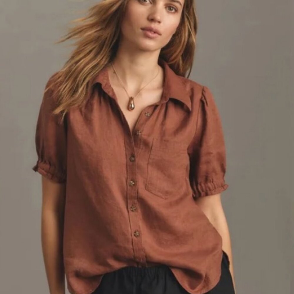 Anthropologie The Aly Linen Puff-Sleeve Blouse by Pilcro Brown Top size XXS NWT